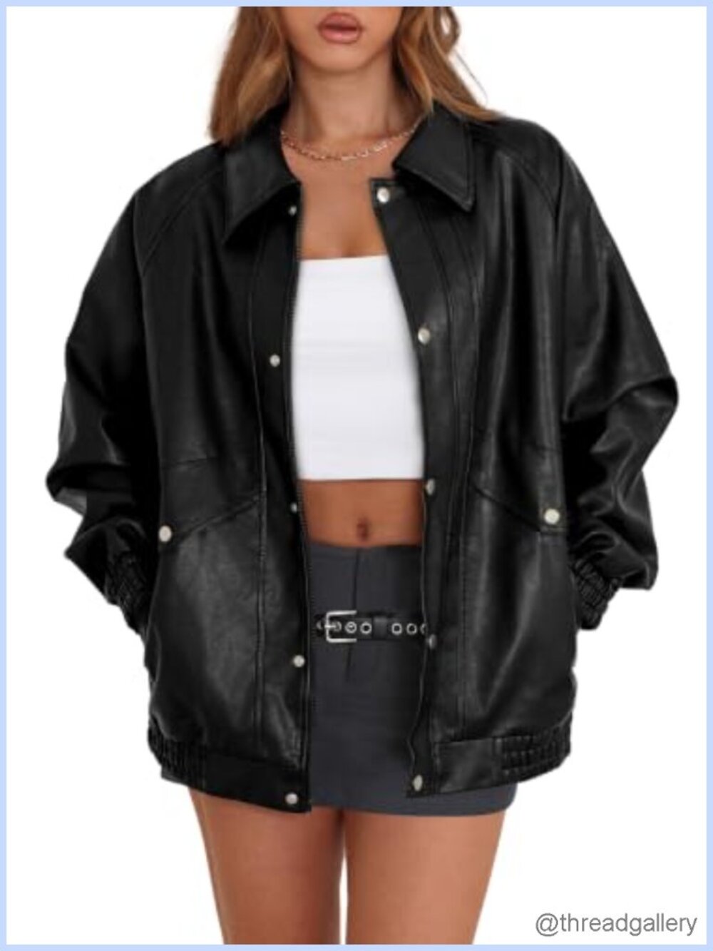 Women Faux Leather Motorcycle Jacket Oversized Zip Up Fall Winter Coat